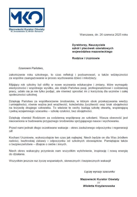 List Mazowieckiego Kuratora Oświaty