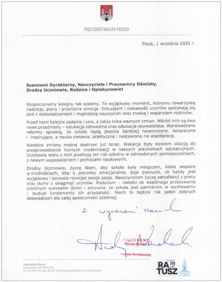 List Prezydenta Miasta Płocka z okazji rozpoczęcia roku szkolnego 