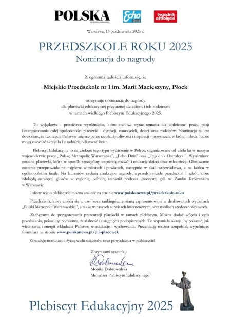 Nominacja przedszkola do nagrody PRZEDSZKOLE ROKU 2025