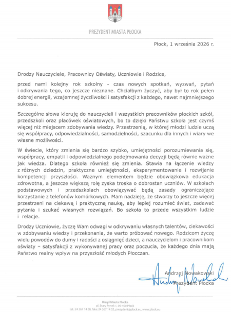 List z okazji rozpoczęcia nowego roku szkolnego